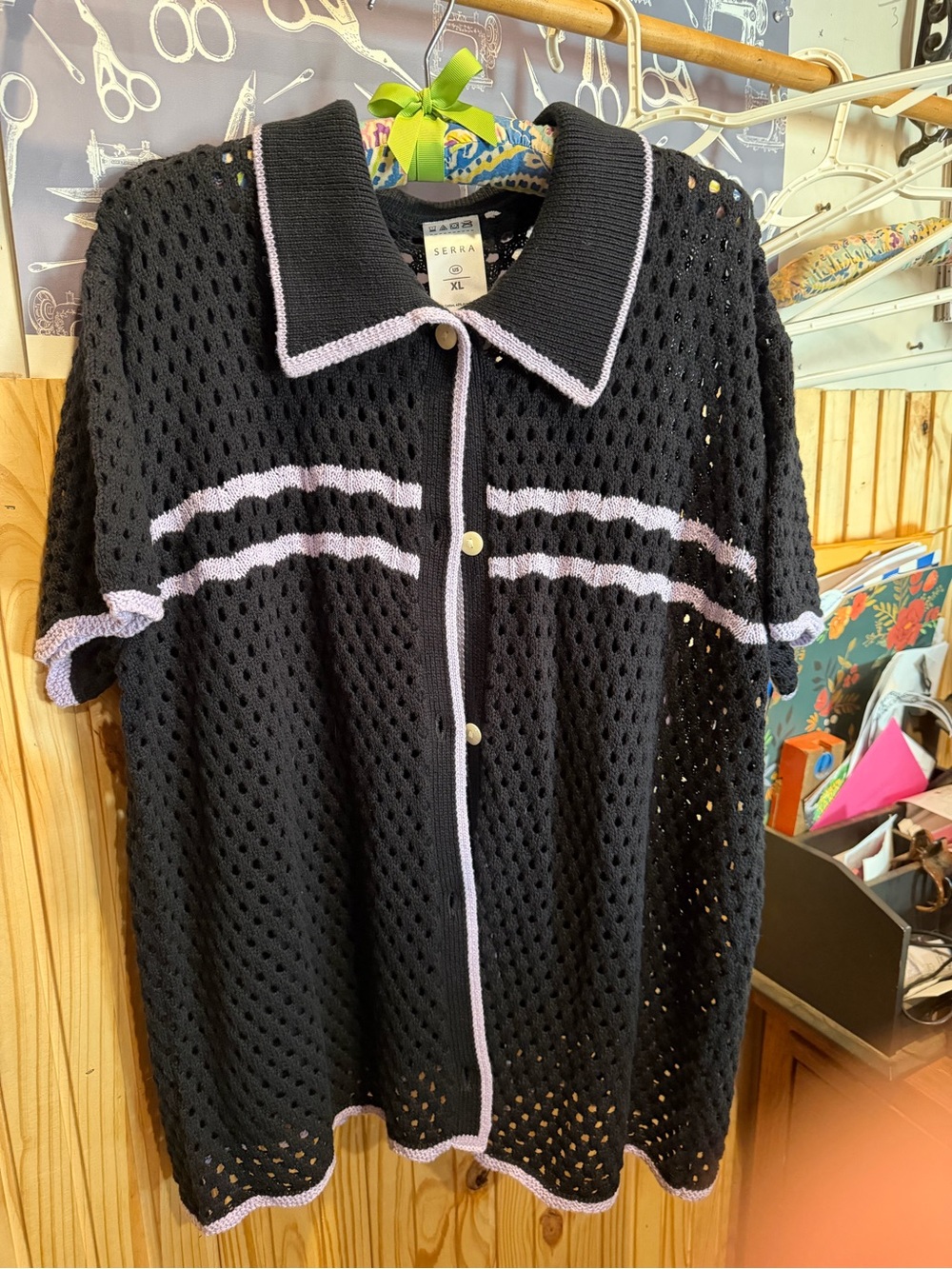 Serra Black Open-Knit Button Down with Lavender Trim